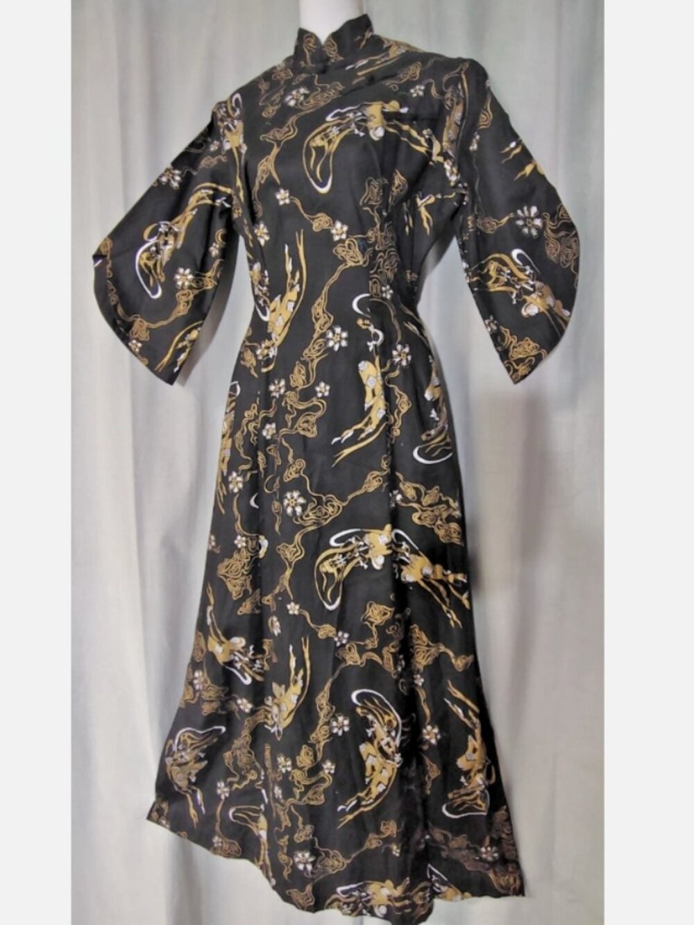 🪭RARE 1950s Alfred Shaheen Pake Mu’u Hawaiian Gown Angel Sleeve Dress🪭